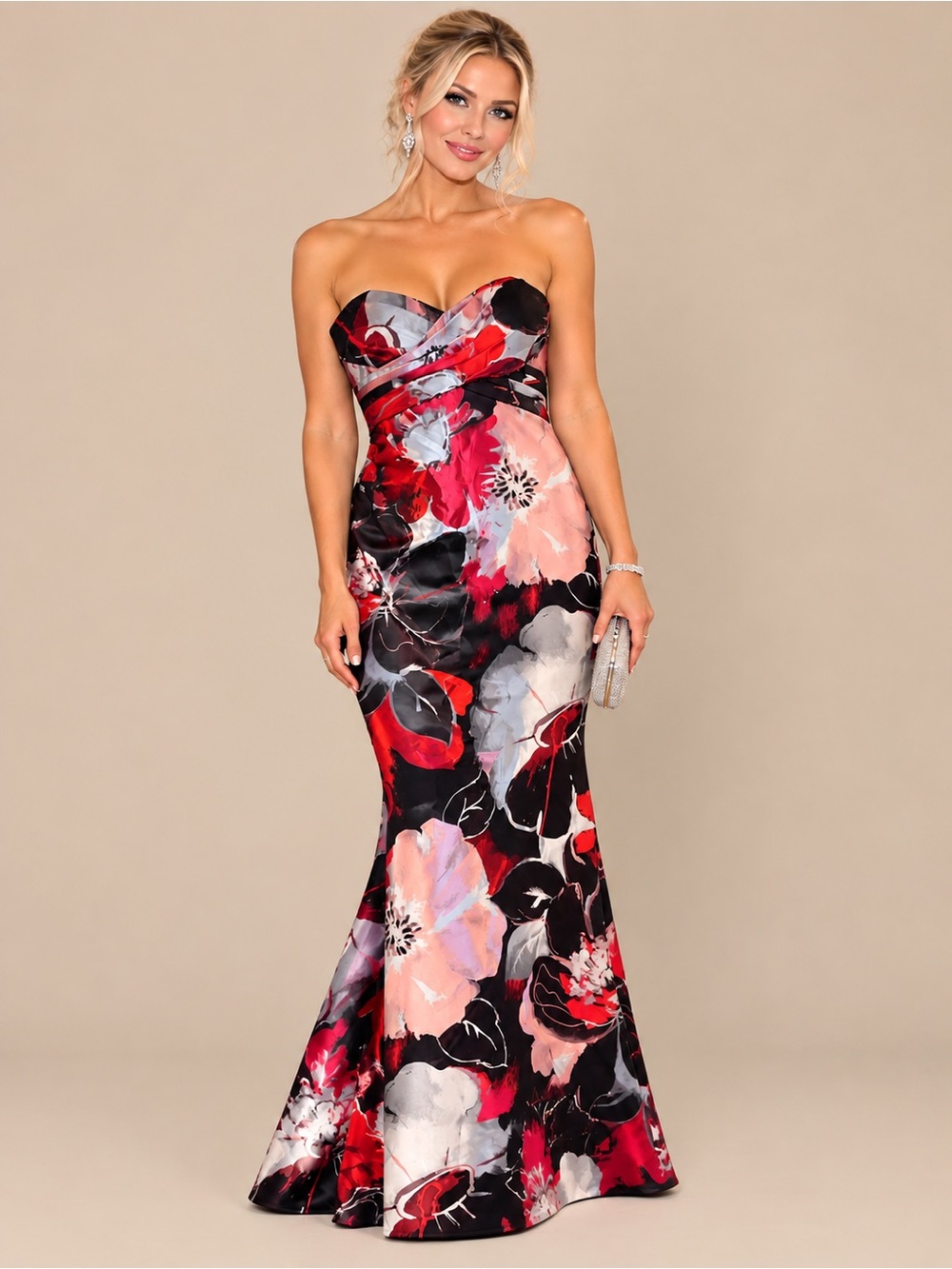 David Meister Strapless Floral Satin Gown in Red, Black & Silver